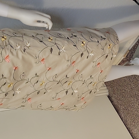 Vtg ORVIS Beige Floral Vine Embroidered Flat Front Pocket Cotton Land Girl Skirt - Picture 5 of 10